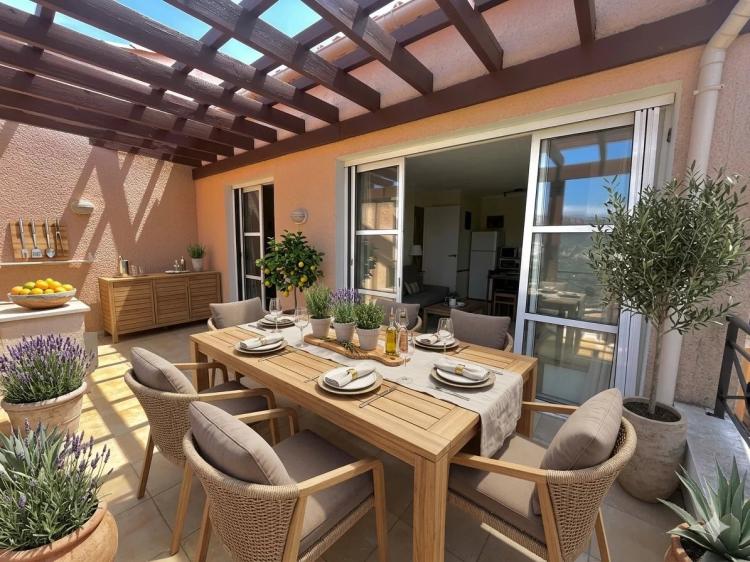 AGAY CAP ESTEREL LE VILLAGE: 2 pièces au dernier étage avec grande terrasse en angle vue panoramique jusqu'à la mer